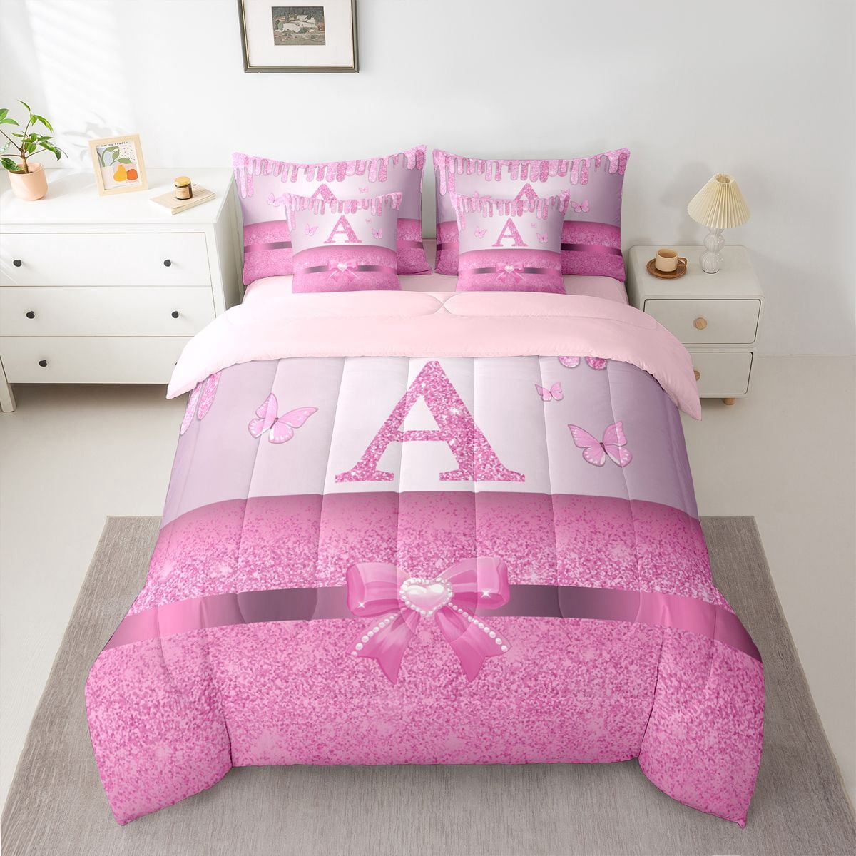Manfei Letter Monogrammed Initial A Girl 7 Pieces Bedding Comforter Set,Kawaii Bow Butterfly Full Bedding Set Lightweight,Bling Pink Glitter Fitted Sheet Flat Sheet,Lightweight Room Decor