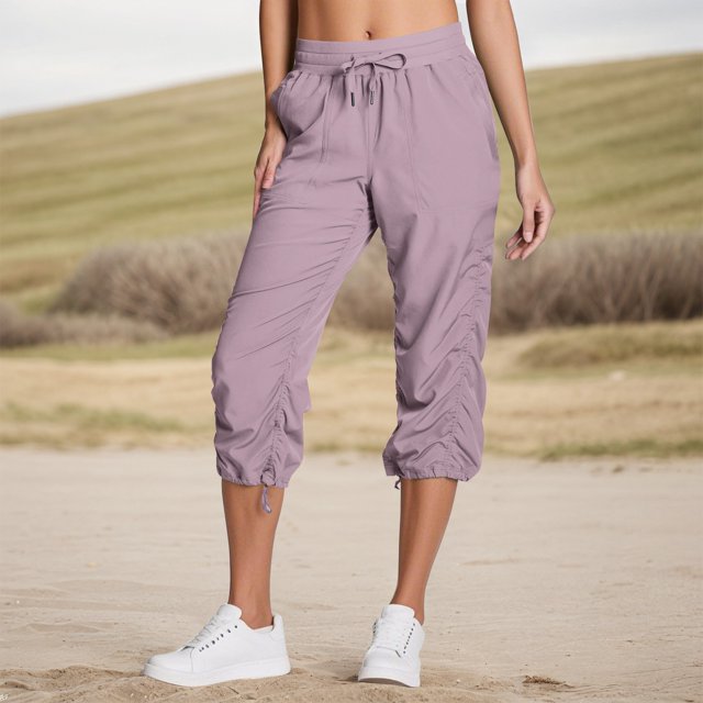 Capri Pantalon pour Femme à Bas Resserré, Pantalon Cargo Extensible à Cordon, Taille Élastique Ajustable, Séchage Rapide, Pantalon Ample à Enfiler avec Poches, Violet P