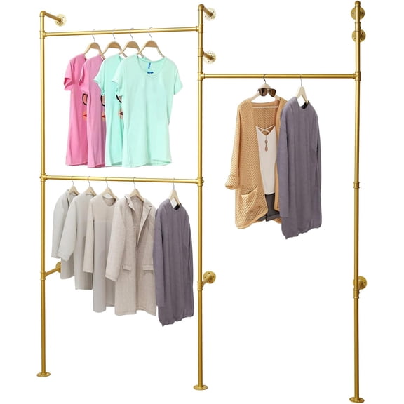 Wall Mounted Clothing Rack Garment Rack, 74in Hight Industrial Pipe Clothing Rack, Heavy Duty Wardrobe Hanger Storage Stand Closet Organizer for Bedroom Living Room (Gold)