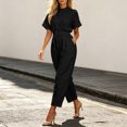 thumbnail image 6 of Women's Short Sleeve Casual Jumpsuit with Elastic Waist Pockets Summer Lightweight Solid Color Crew Neck Straight Leg One Piece Romper, 6 of 7