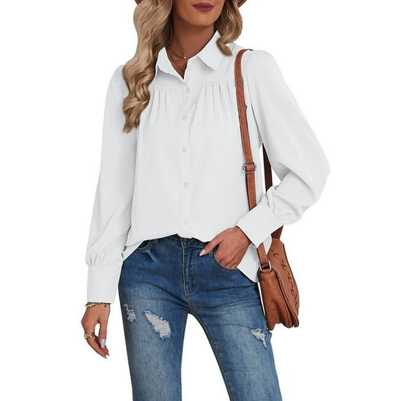 Women's Long Sleeve Shirt - Pure White Loose Fit with Turn-Down Collar and Button Closure Casual Top