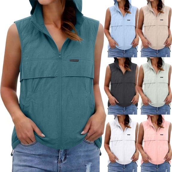 Inverlee Women's Hooded Sleeveless Vest Full Zip Lightweight Casual Outdoor Windbreaker with Pockets Sky Blue M