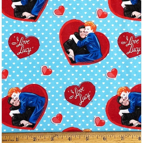 1/2 Yard - I Love Lucy & Desi Hearts on Blue Cotton Fabric (Great for Quilting, Sewing, Craft Projects, Throw Pillows & More) 1/2 Yard X 44" Wide