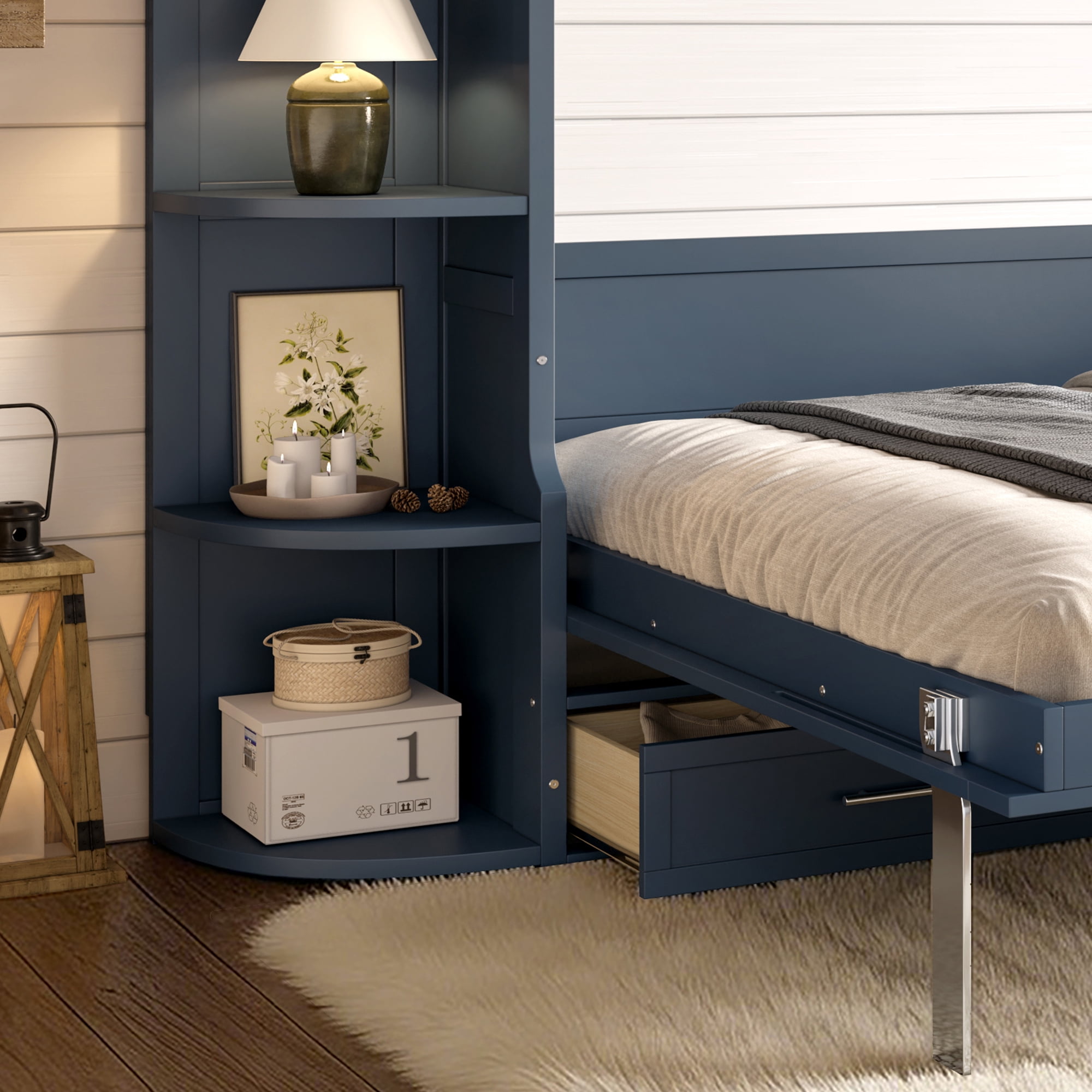 Mintazer Queen Murphy Bed with Side Cabinets & 3 Drawers, Wall Foldable Bed with Storage for Bedroom Guest Room Home Office, Blue