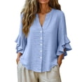 thumbnail image 4 of Xdegoge Linen Button Down Shirts for Women V Neck Three Quarter Ruffle Sleeve Elegant Workwear Going Out Relaxed Fit Solid Plain Design Flowy Stretchy Spring Tops, 4 of 7