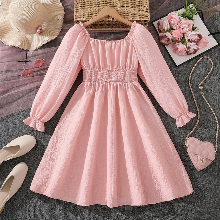 fall swing dress Wmqpnns Girls Dresses Ruffle Bowknot Smocked Midi Dress Square Neck Long Sleeve Swing Dress Girls Clothes for Spring Fall, Dress for Age 10-11 Years,