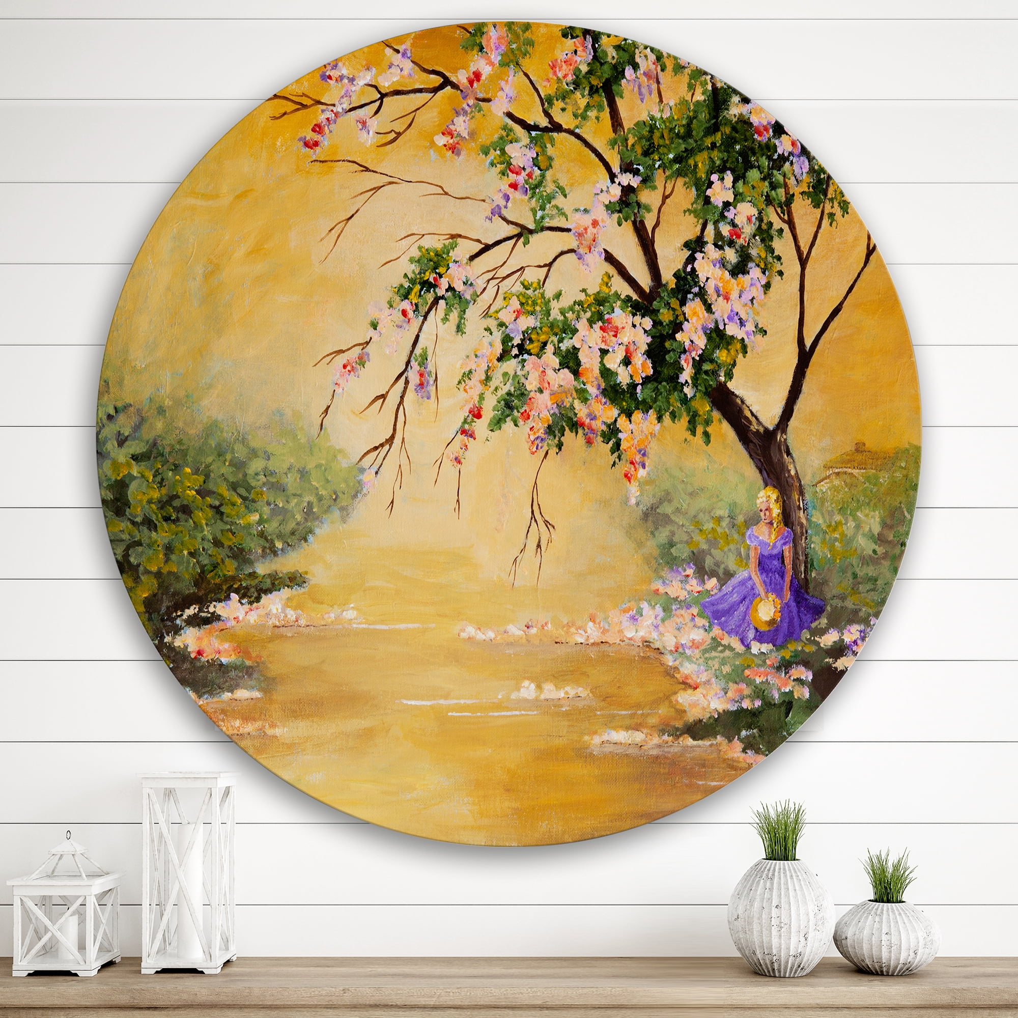Designart 'Beautiful Girl Standing By The Flowering Tree' Traditional Circle Metal Wall Art 29x29 - Disc of 29