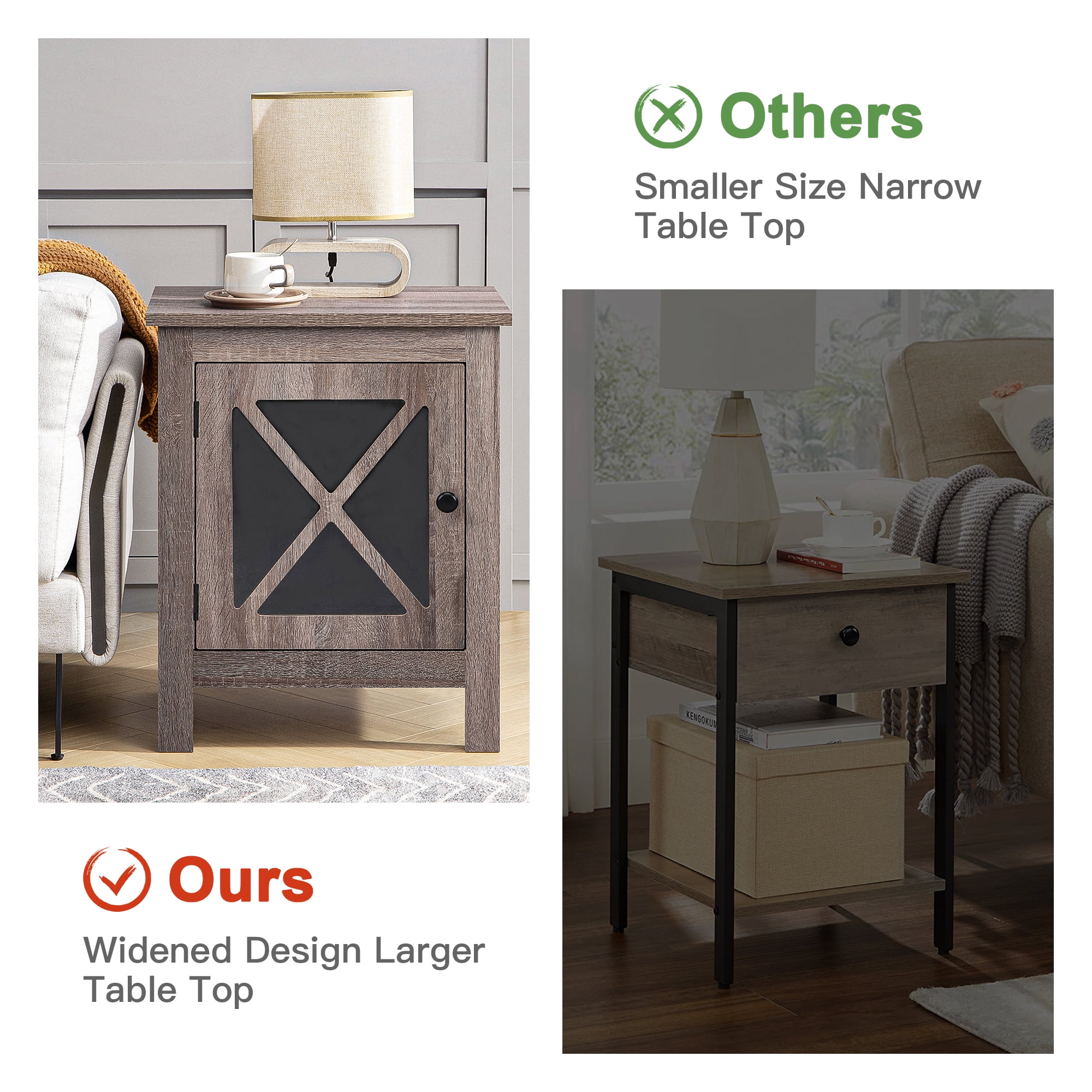 Kadyn Set of 2 Industrial Nightstand, Farmhouse Side Table End Table with X design glass Door - Light Gray Wood Kadyn Set of 2 Industrial Nightstand, Farmhouse Side Table End Table with X design glass Door - Light Gray Wood