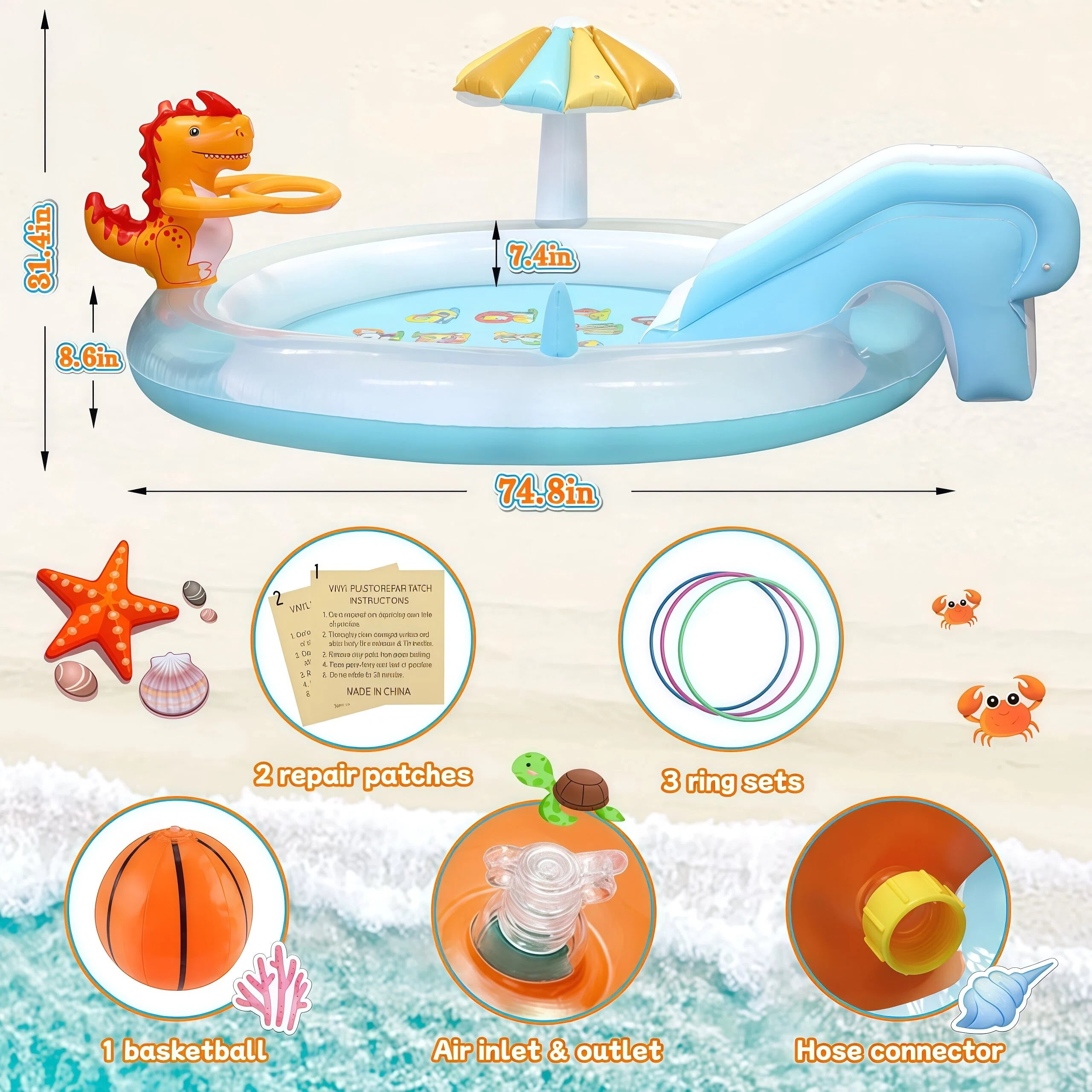 Teblint Dinosaur Inflatable Pool, 75" x 75" x 7.4" Sprinkler Swimming Pool, Spray Kiddie Pool, Play Center Water Toys for Backyard Lawn, Above Ground, Outdoor