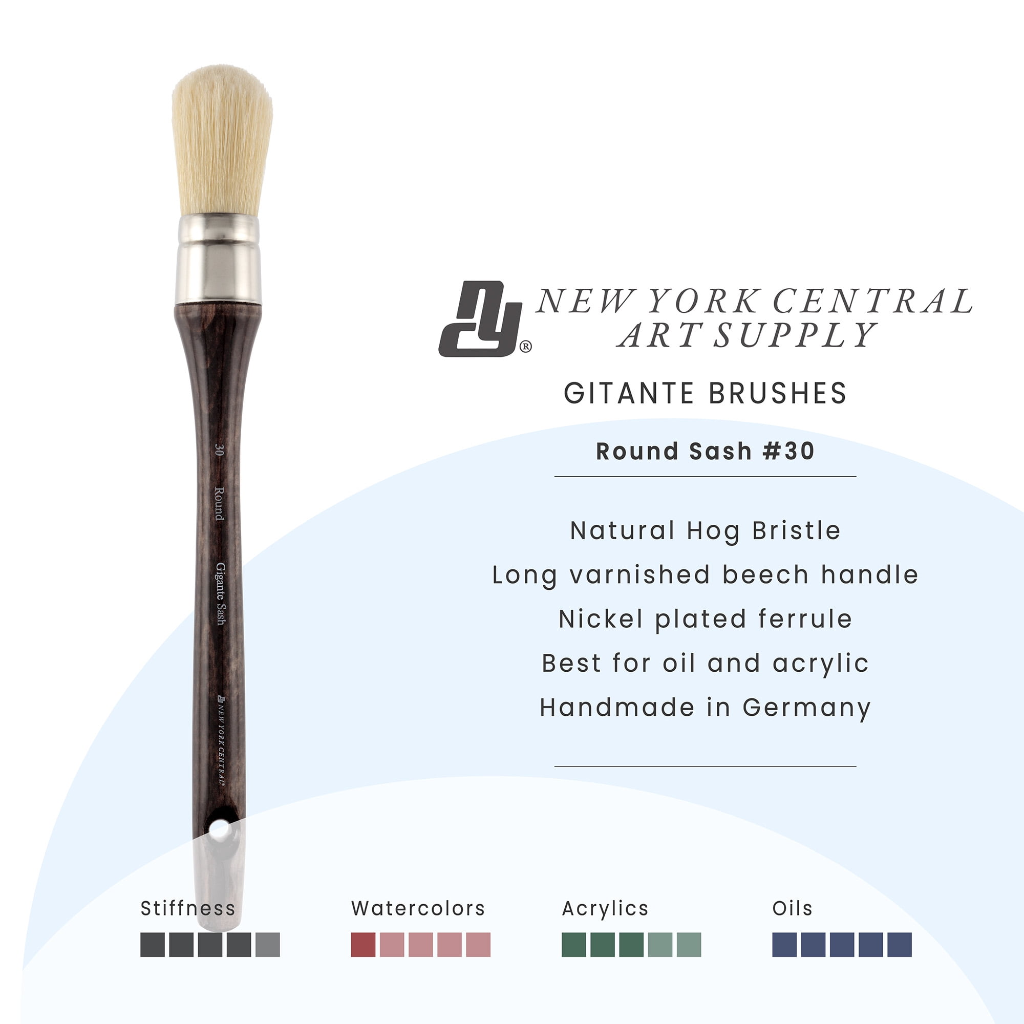 New York Central Gigante Natural Hog Bristle Large Scale Artist Paint Brush, #30 Domed Sash Round, Professional German Handmade Oil Painting Brush w/ Long Handle for Oil, Acrylic & Acryla Gouache