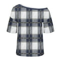 thumbnail image 4 of Htigea Off Shoulder Tops for Women Plaid Short Sleeve Shirt Casual Loose Fit Blouse Summer Tunic Tops for Holiday Party Blue L, 4 of 6