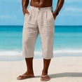 thumbnail image 3 of Betivan Men's Linen Capri Pants Elastic Waist Solid Color Breathable Lightweight Calf Length Loose Fit Beach Vacation Outdoor Daily Trousers, 3 of 9