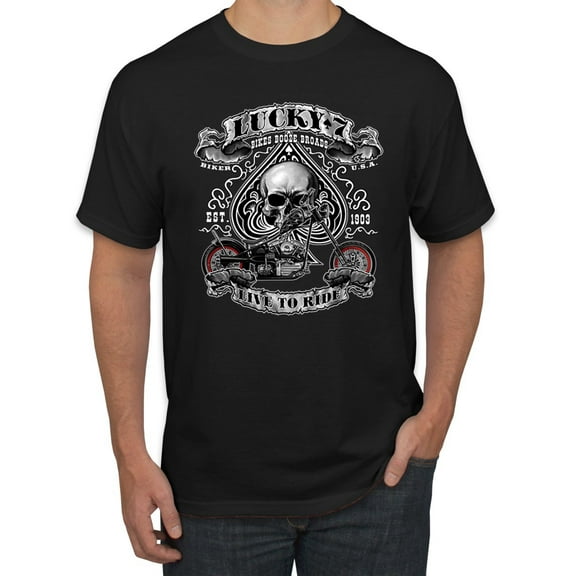 Lucky 7 Live to Ride Bikes Booze Broads USA Est 1903 | Mens Fashion Graphic T-Shirt, Black, Small