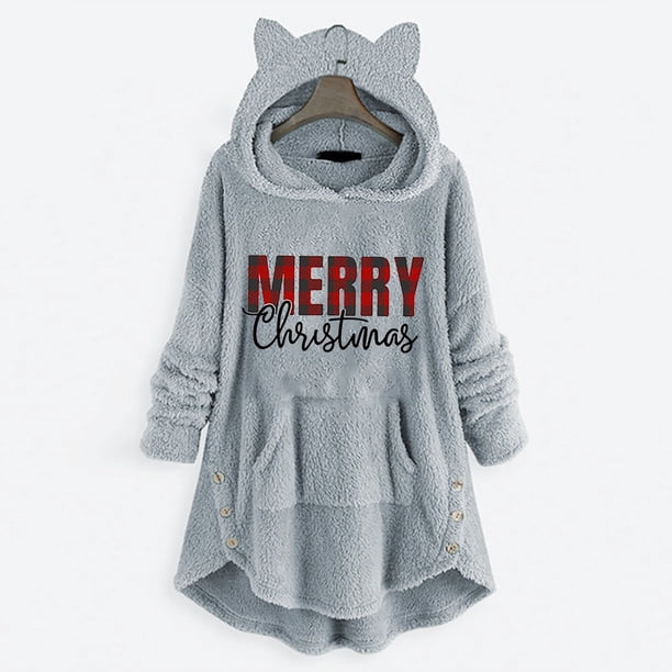 Puntoco Mujer Casual Navidad Impresión Botones De Felpa Manga Larga Con Capucha Abrigo De Felpa Top Puntoco Puntoco-7636