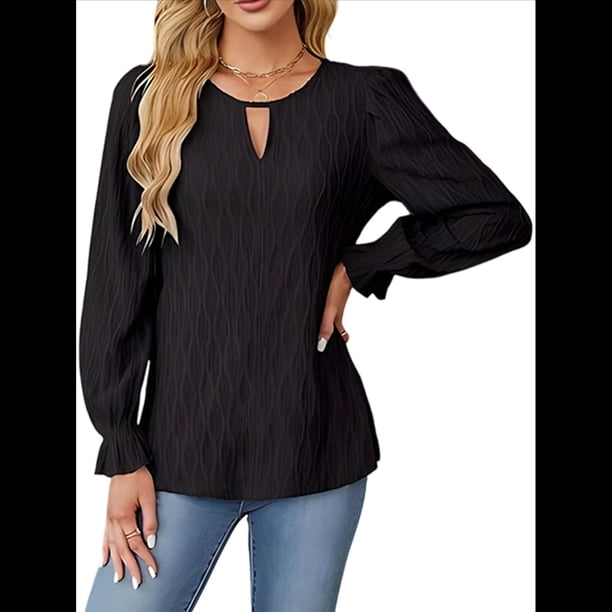 Camisa Formal Informal de Larga para Mujer, Estilo Ejecutivo, con Escote en V, para Trabajo, Moda de Otoño Negro L