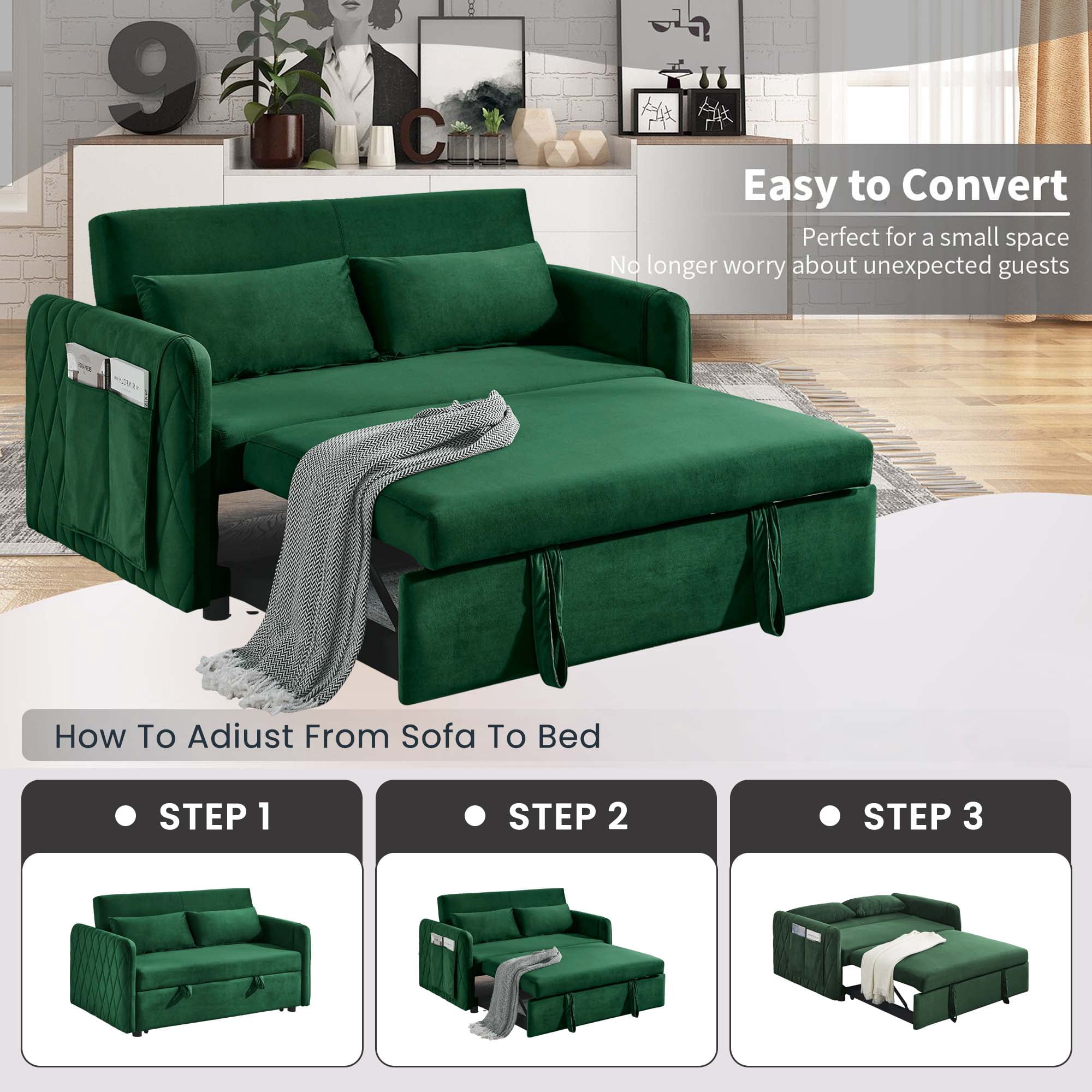 DEALTOPS 55" Modern Pull Out Loveseat Sofa Bed with 2 Detachable Arm Pockets, Green