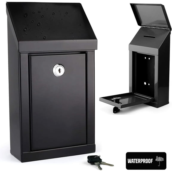 Metal Donation Box-Suggestion Box with Slot and lock-Cash Lock box for Money-Waterproof Drop Box-Comment and ballot voting box-comes with pre-drilled holes for easy wall mounting 10x6x2.5"(Black)
