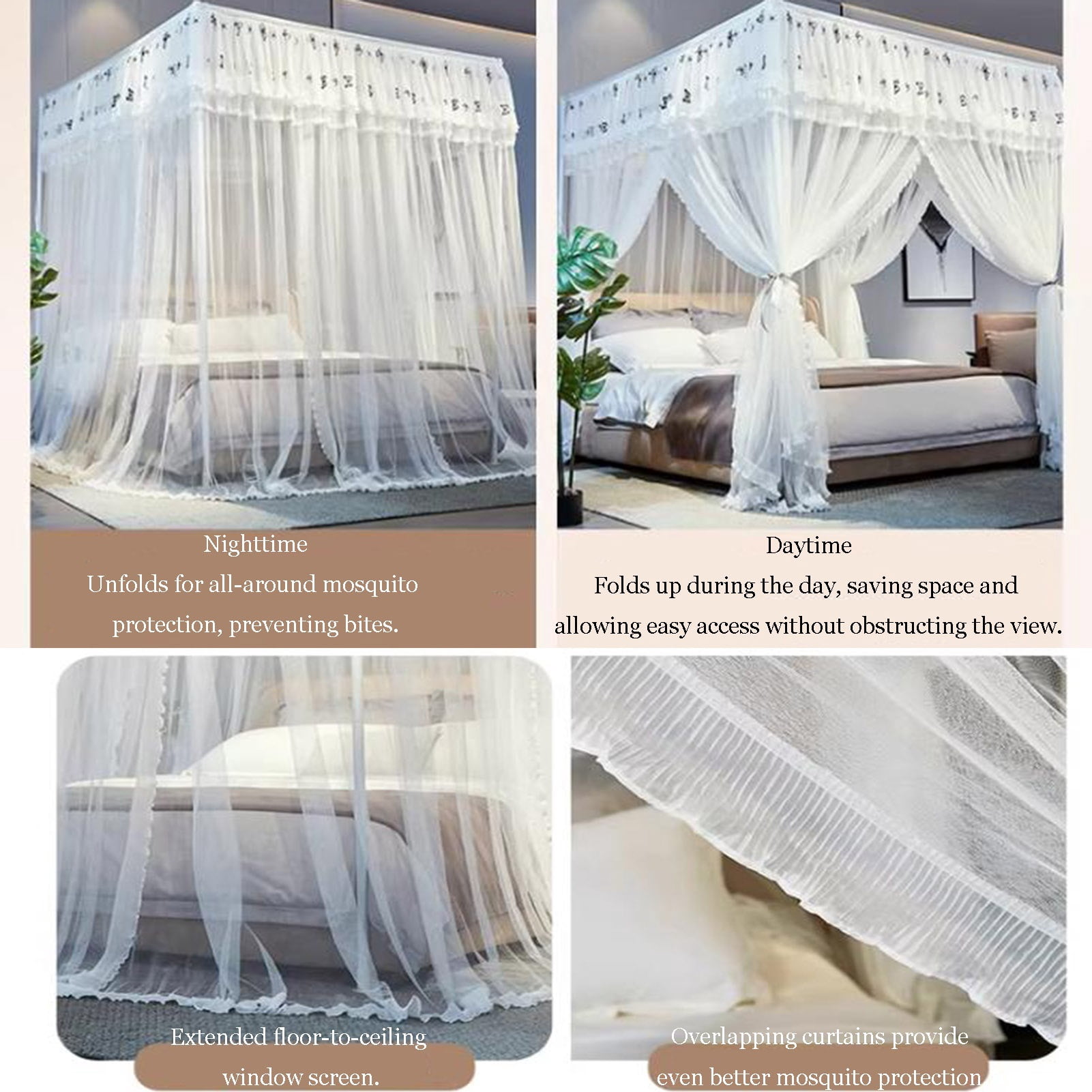 Canopy Bed Curtains, Three-Opening Floor-Length Canopy Bed Drapes, 4 Corner Post Hanging Curtains for Bedroom Decoration