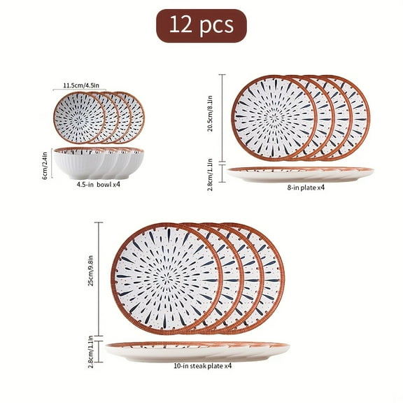 Retro Rattan-woven 12pcs Japanese-style Ceramic Tableware Set. It Can Hold Foods Such As Steaks, Pasta, Salads, Fruits, Chicken Wings, Rice, Etc., And Is Suitable for 2 to 4 People to Use.