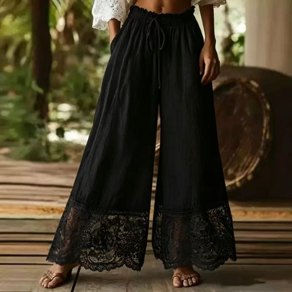 Lumtrix Cotton Linen Lace Hem Pants for Women Summer Casual Lightweight Flowy Palazzo Pant Beach Vacation Wide Leg Trousers Black L