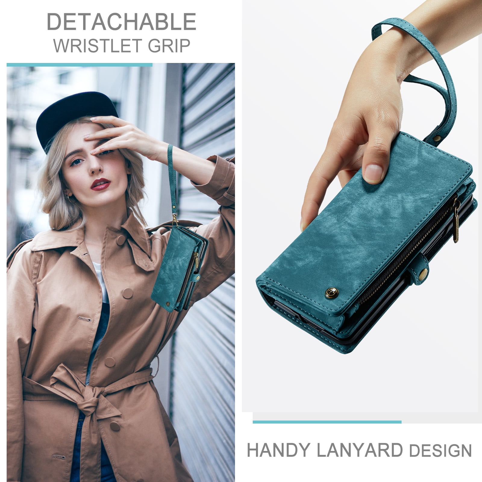 Feishell Durable 2- In-1 Magnetic Detachable Wallet Case for Samsung Galaxy Z Fold 7,for Women Men,Premium PU Leather Zipper Pocket Flip Multi Card Slots Purse Phone Case with Wrist Strap,Green