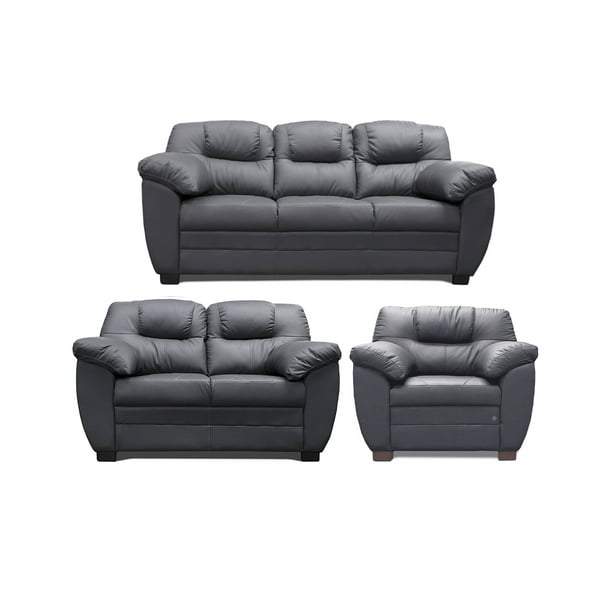 Sala de Piel Genuina, Sofa, Love y Sillón, 3 Piezas, Mod. Toscana, Gris Oxford