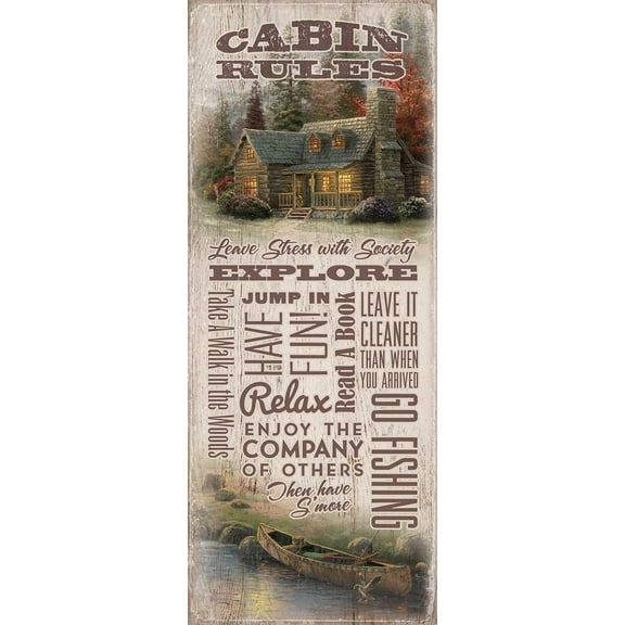 Thomas Kinkade Cabin Rules 12" x 30" Wood Sign