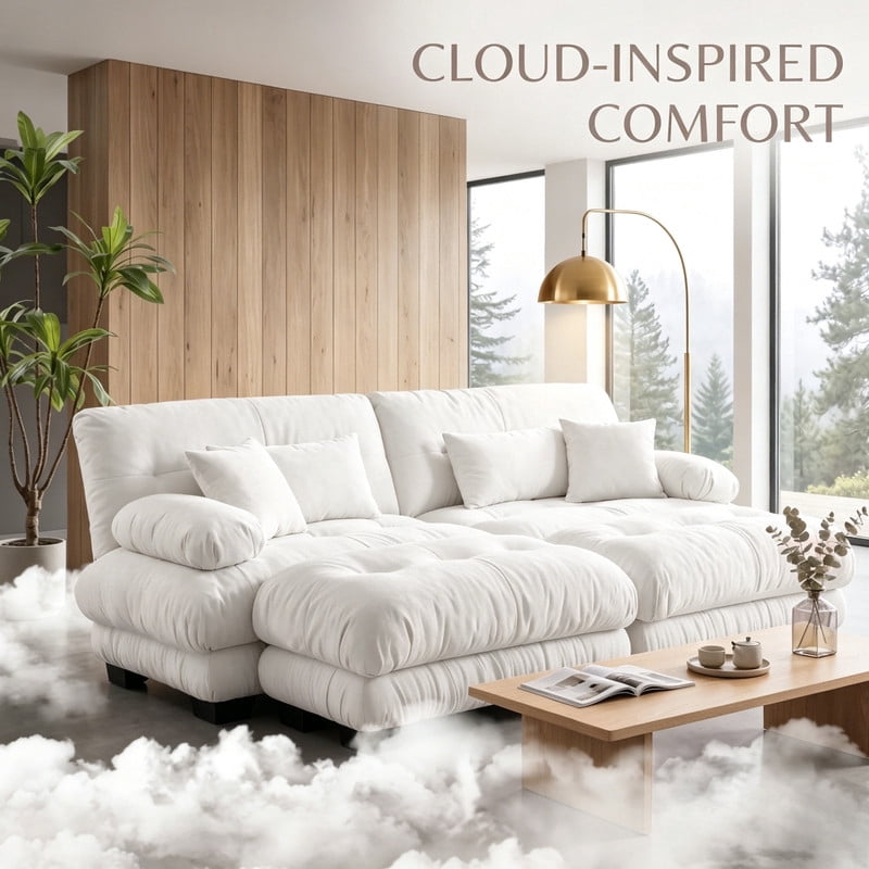 ANPPORT Cloud Couch Sleeper Sofa, Chenille White 2-Seater Modular Sofa with 2 Ottomans, 2 Lumbar pillows, 2 Pillows, Comfy Deep Seat Cloud Sofa, Convertible L-Shaped Floor Couch for Living Room