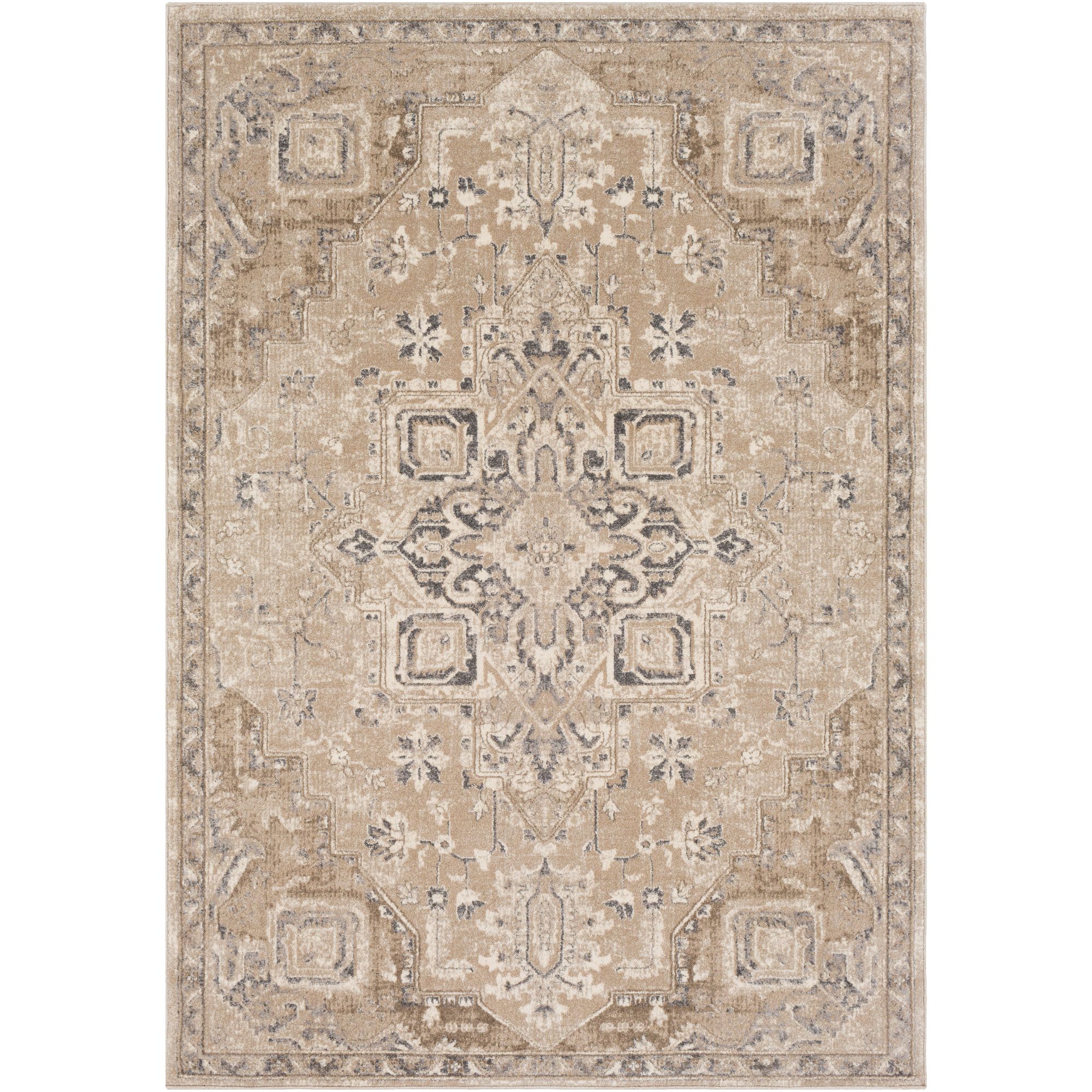 9' x 12' Brown and Gray Medallion Design Rectangular Machine Woven Area