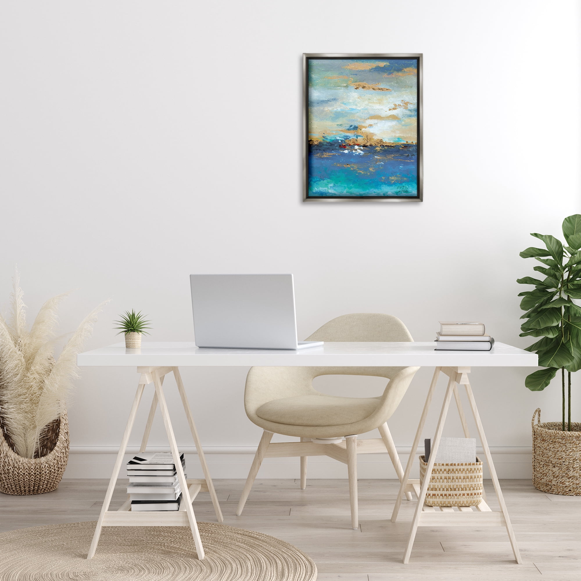 Stupell Industries Ocean View with Tan Accents Abstract Painting Gray Floater Framed Canvas Art Print Wall Art, 17 x 21