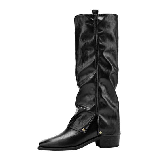C-396 Black Ladies Casual Winter Boots Round Toe Chunky Low Heel Solid Knee Length Fashionable Knee High Boots