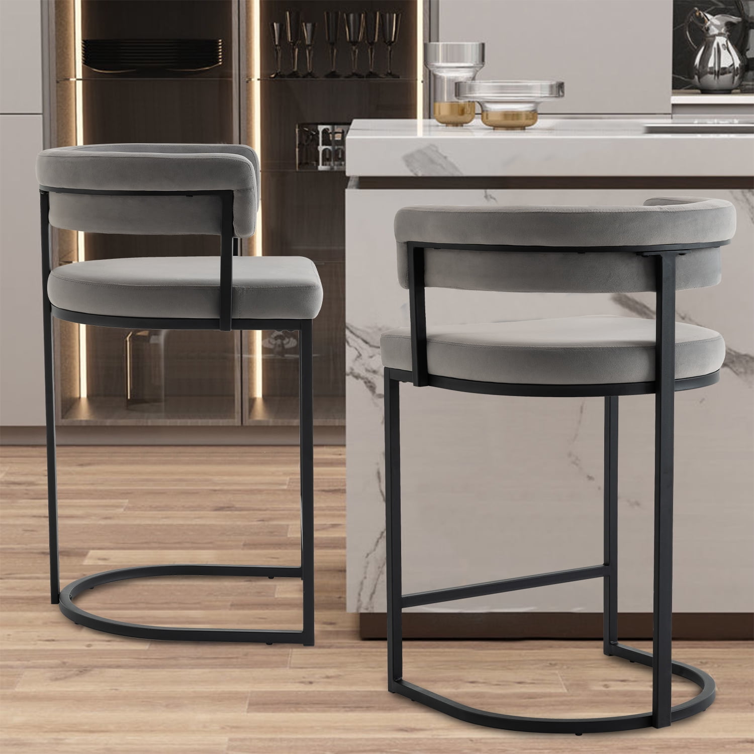 Rongbuk Set of 2 Modern Velvet Bar Stools with Barrel Backrest, 25.6 inch Velvet Counter Height Stool, Sherpa Upholstered Kitchen Island Chair, Ideal for Counters, Home Bars and Kitchen Islands