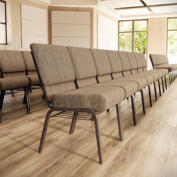 Flash Furniture 4 Pack 21''W Church Chair in Beige Fabric with Book Rack - Copper Vein Frame