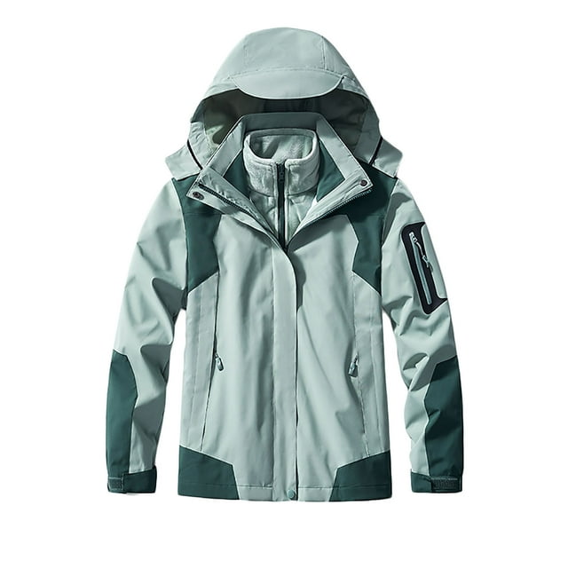 Hooded Windbreaker Jacket for Women Plus Size printing Suit Removable Three In One Or Two Piece Outdoor Ski Riding Suit Hooded Warm Coat Waterproof Raincoat on Clearance