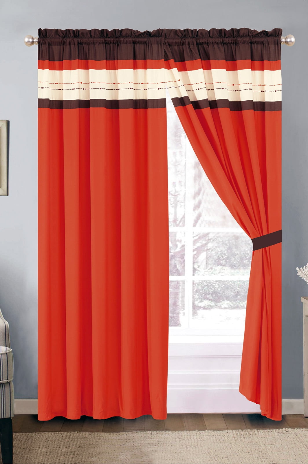 4Pc Jem Stripe Embroidery Curtain Set Orange Brown Ivory Valance Sheer