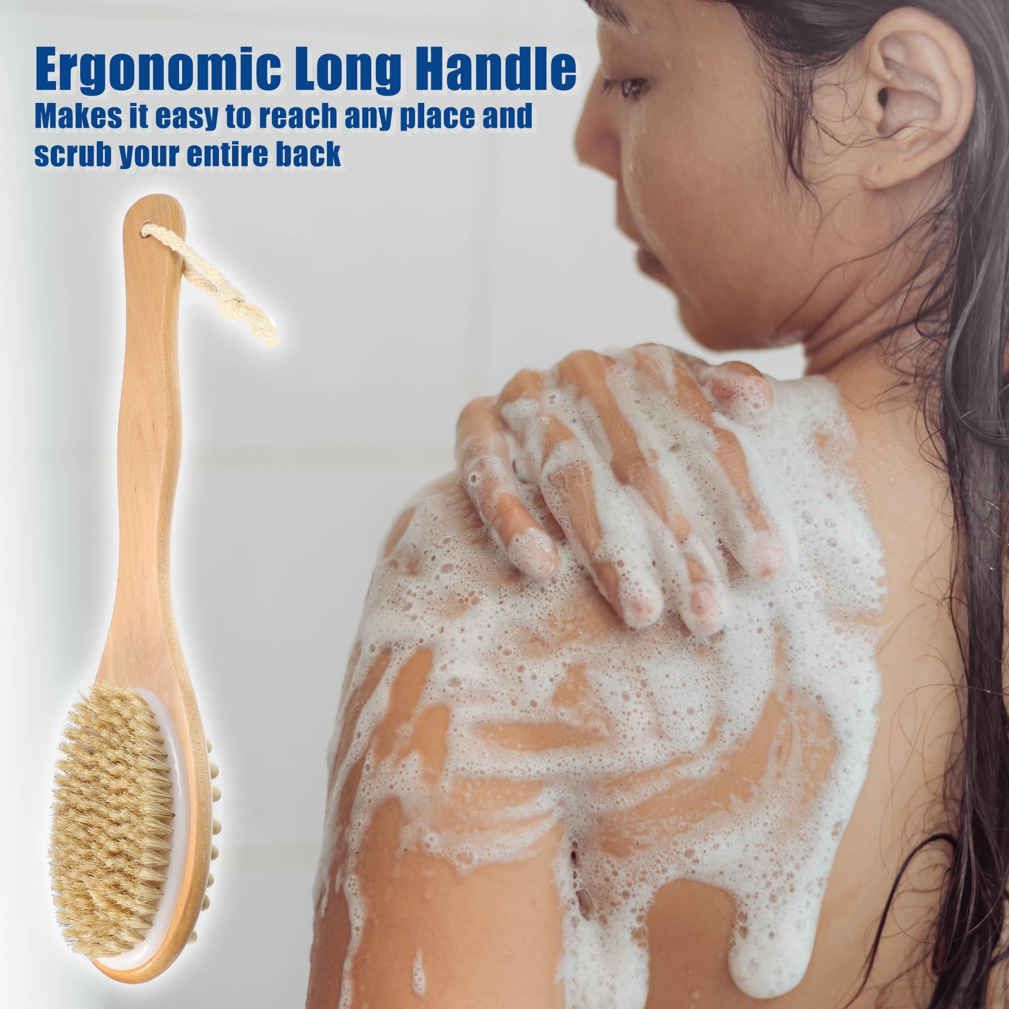 Unique Bargains Double Sided Bath Brush Back Scrubber Wood for Shower Brown 14.6 Inches