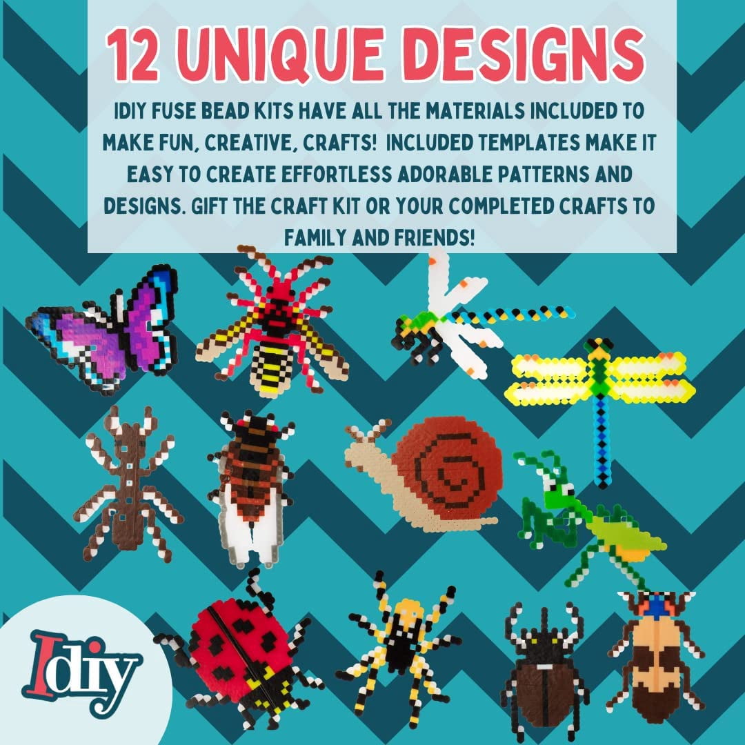 8,000pc DIY Fuse Bead Kit w Carrying Case - Bugs and Insects - 21 Colors, 12 Unique Templates, 4 Peg Boards, Tweezers, Ironing Paper - Works w Perler Beads Kits, Pixel Art Color by Numbers Craft Gift