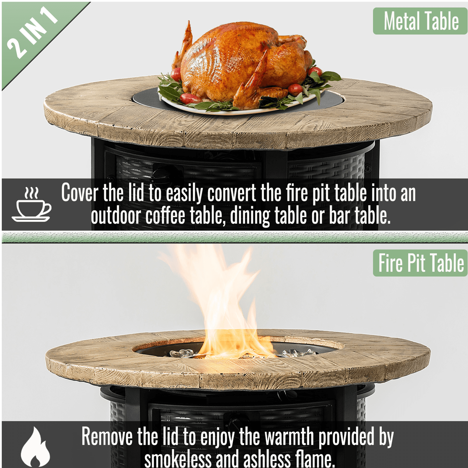HONEY HOME 30" Round Propane Fire Pit Table, 50,000 BTU Steel Gas Fire Pit for Outdoor, Fire Table with Lid for Patio Deck Garden Backyard, Black.