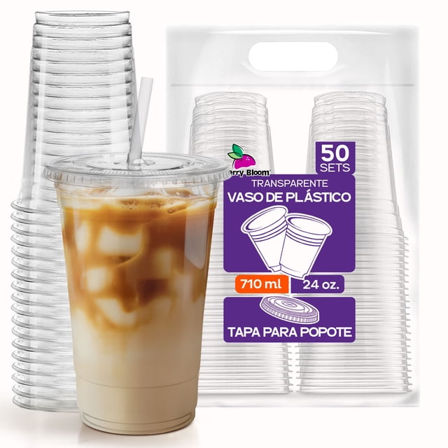 50 Vasos de Plástico 24 oz (710 ml) con Tapa Plana para Popote - Vasos Transparentes de Gran Capacidad - Kit de 50 Vasos y 50 Tapas