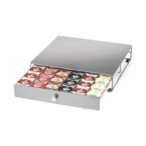 Nifty Coffee Pod Drawer - Silver Finish, Compatible with K-Cups, 36 Pod Pack Holder, Non-Rolling, Compact Under Coffee Pot Storage Sliding Drawer, Sl