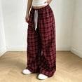 thumbnail image 4 of Edvintorg Wide Leg Pants for Women Elastic Waisted Plaid Trouser Drawstring Loose Casual Pant with Pocket Women's Clothes Wine S-2XL, 4 of 6