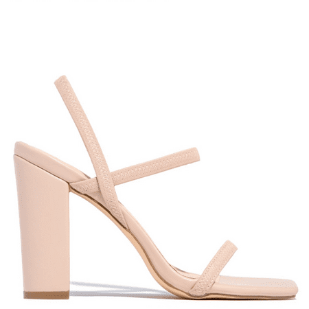 Women s Elastic Strap Chunky High Heel Sandals - Square Open Toe - Slip On Solid Color Shoes-Apricot43