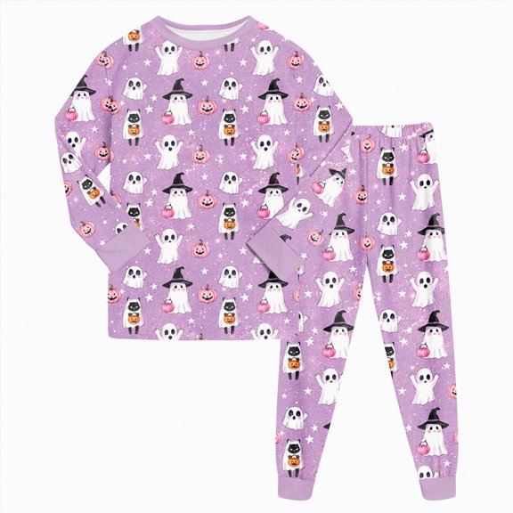 KPOPLK 2T 3T 4T 5T 6T 7T 8T Boy Halloween Pajamas 2 Piece Long Sleeve Ghost Print Crewneck Top & Pant Pjs Fall Outfit Set,Size 6-7 Years
