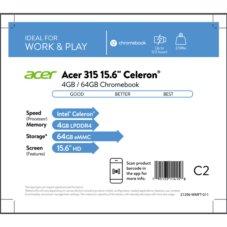 Celeron CB315-3HT-C5D3 RAM, 4GB Touchscreen Chromebook, Intel FHD 5.0, IPS Acer 15.6\
