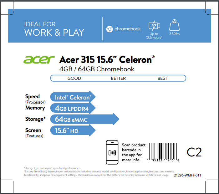 Acer Chromebook 315 CB315-3HT CB315-3HT-C7BF 15.6