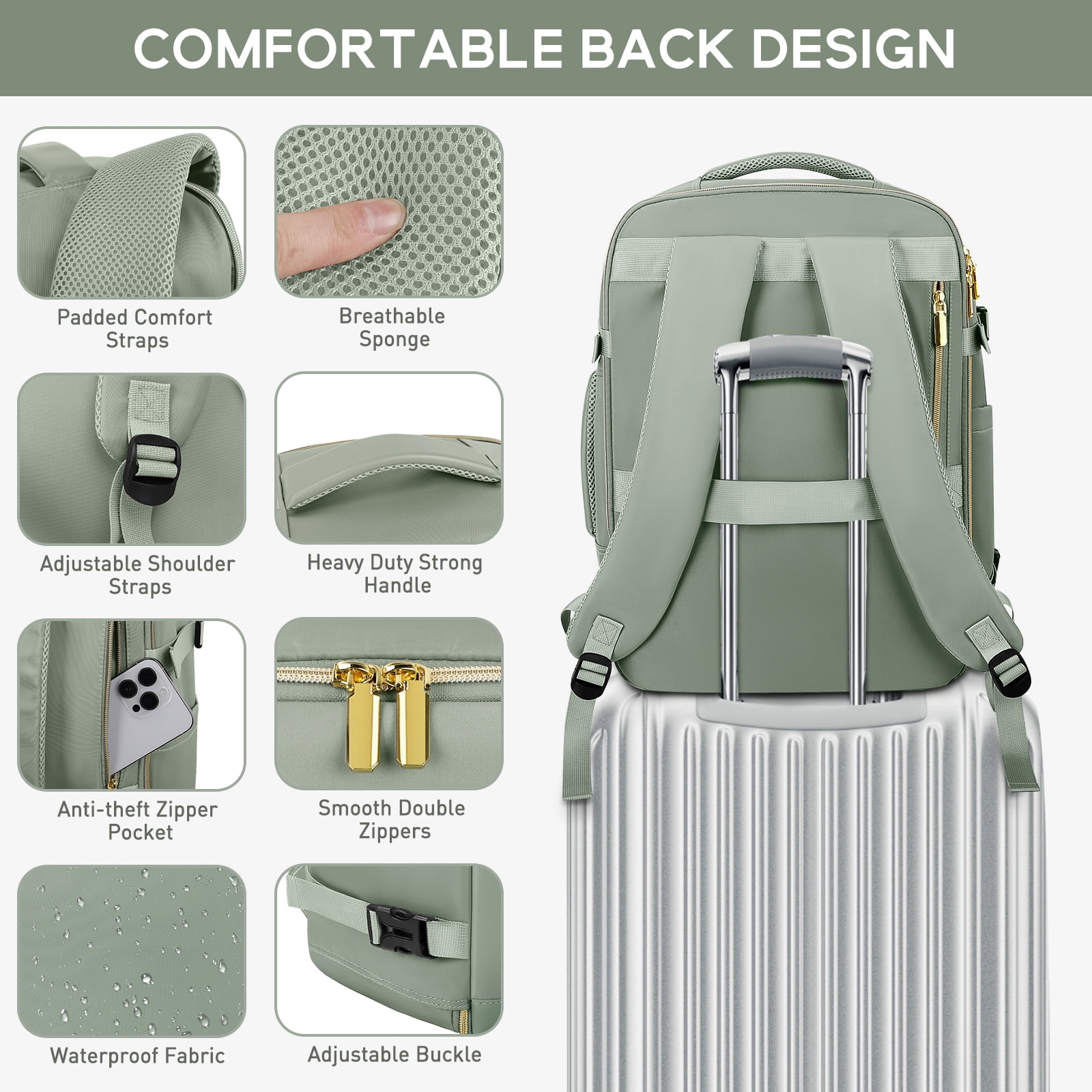 CshidWorld Travel Backpack for Men Women, Airplane Approved Carry on Backpack with 3 Packing Cubes, 40L Travel Bag Fits 17inch Laptop, Travel Essentials Backpack for Weekender Business Hiking, Green