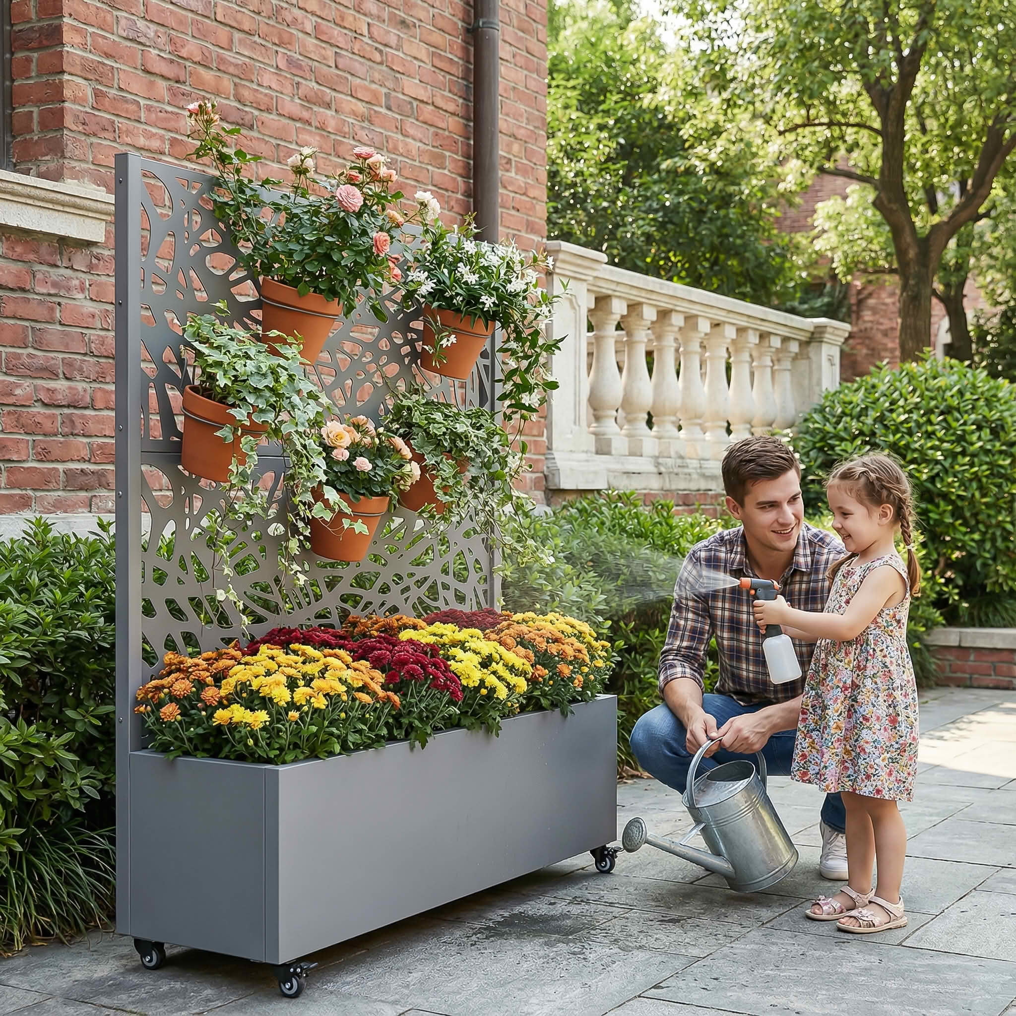 MAYEERTY 47X47" Metal Outdoor Gray Privacy Screen with Planter Box for Backyard & Garden, 2 Piece Set