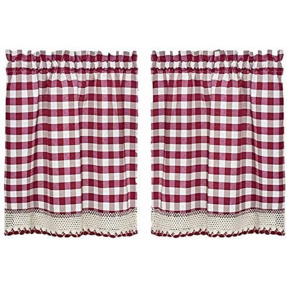 Designer Home Window Panel Curtain Tier Pair Kitchen Drape Plaid Gingham Checked Burgundy Checkered Panel
