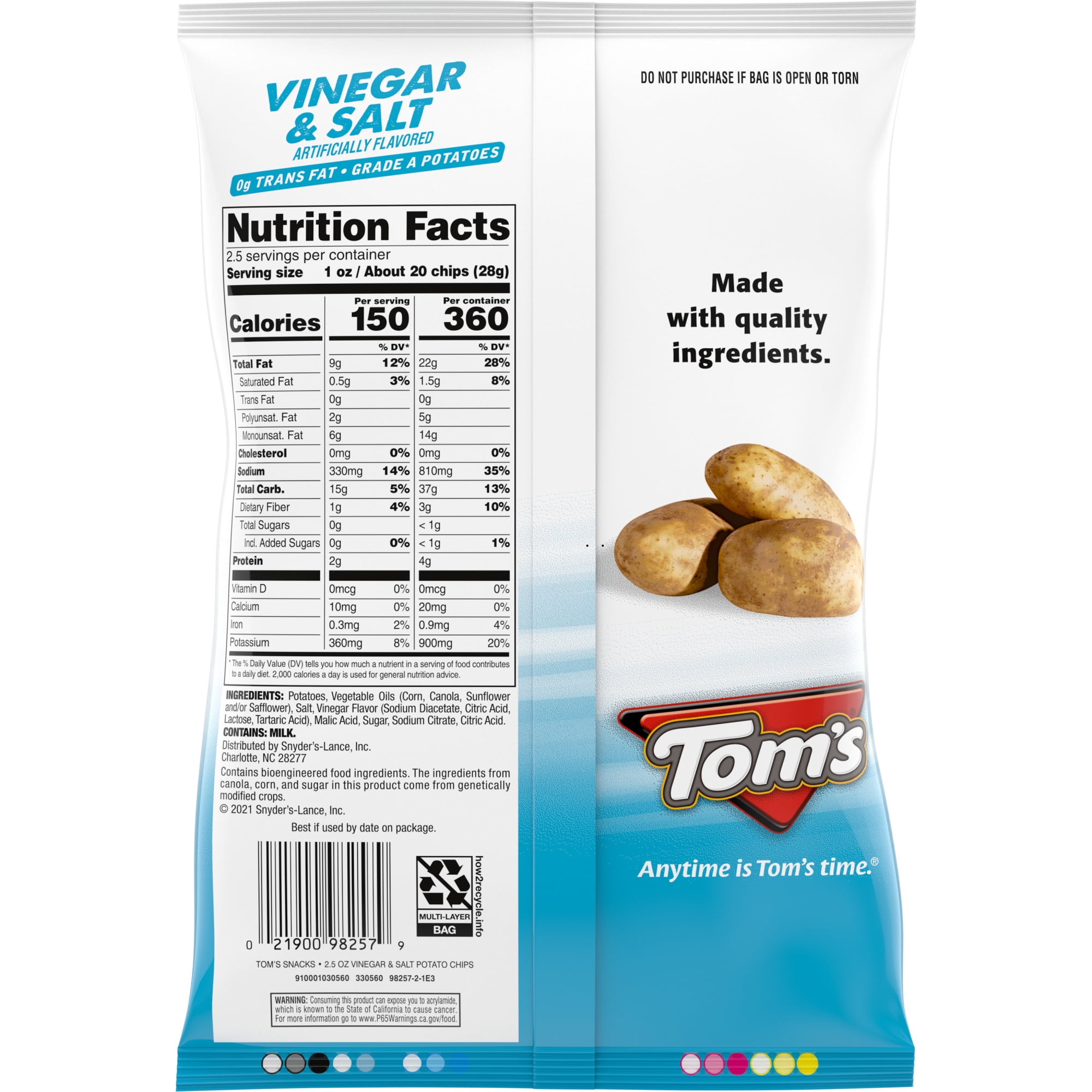 Tom's Potato Chips, Vinegar and Salt, 2.5 oz Snack Bag