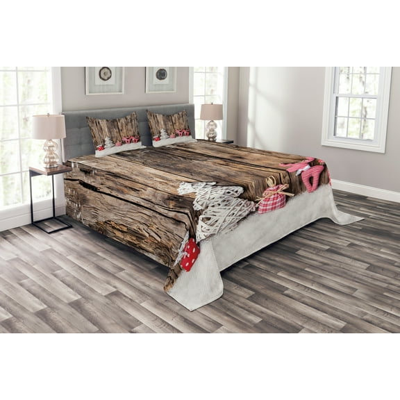 Ambesonne Winter Quilted Bedspread Set 3 Pcs, Traditional Xmas, King Size, Brown White Pink